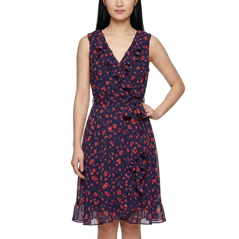 Chaps Navy Wrap Knee Length Chiffon Lined Dress Women Size 8
